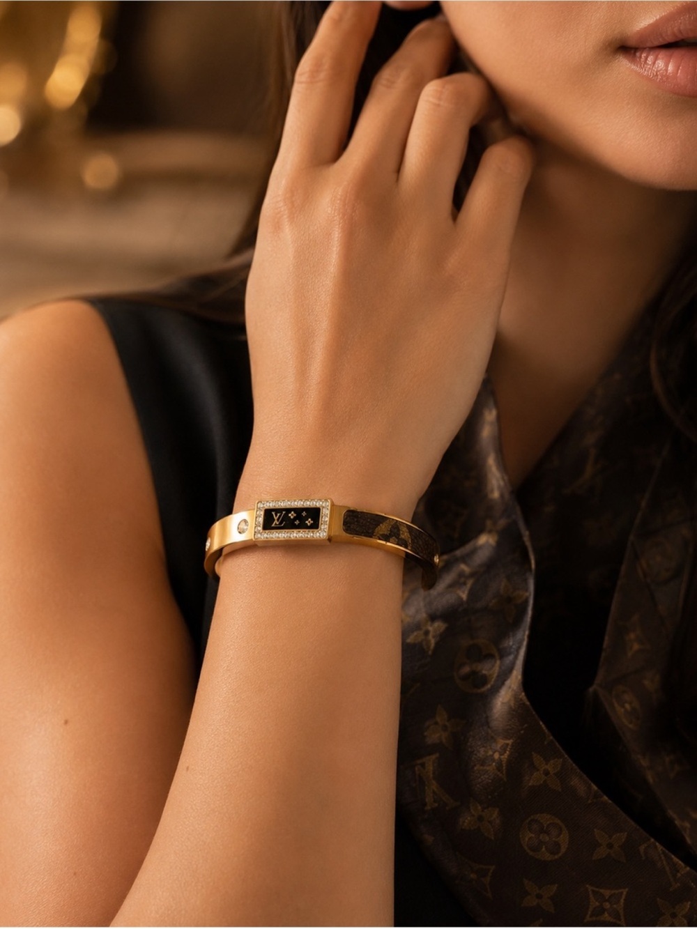 18K Gold and Brown LV Monogram Crystal-Trim Bangle Bracelet - Picture 2 of 6